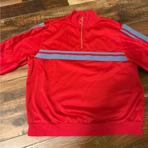 Topshop Red Quarter-Zip Pullover with Blue Stripes